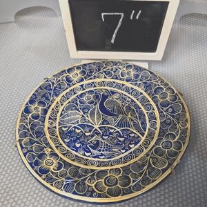 Pascuala Marcelo signed pottery 7"‎ plate blue/cream glazed bird hand painted